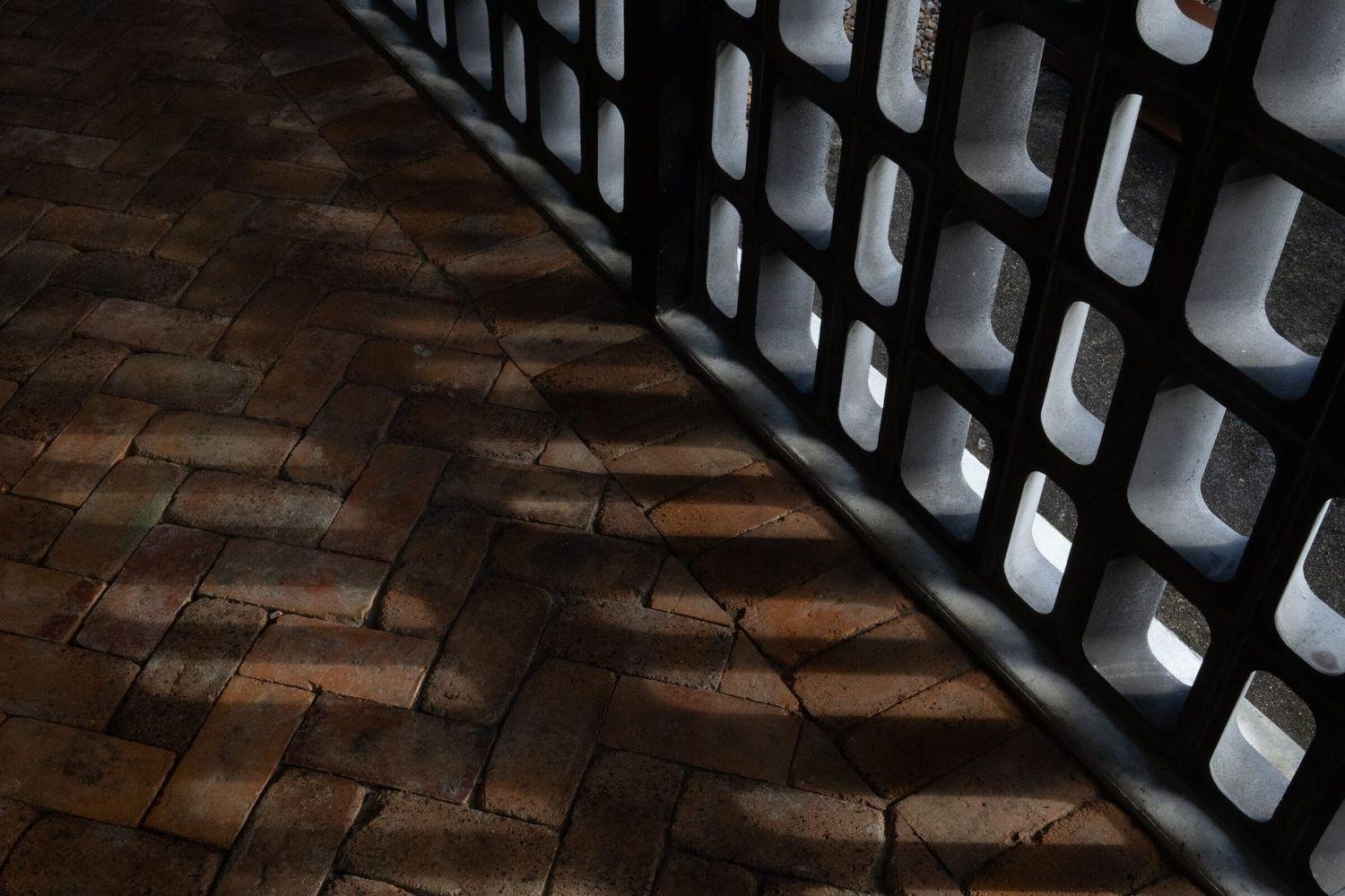 the breeze-block wall catching the light