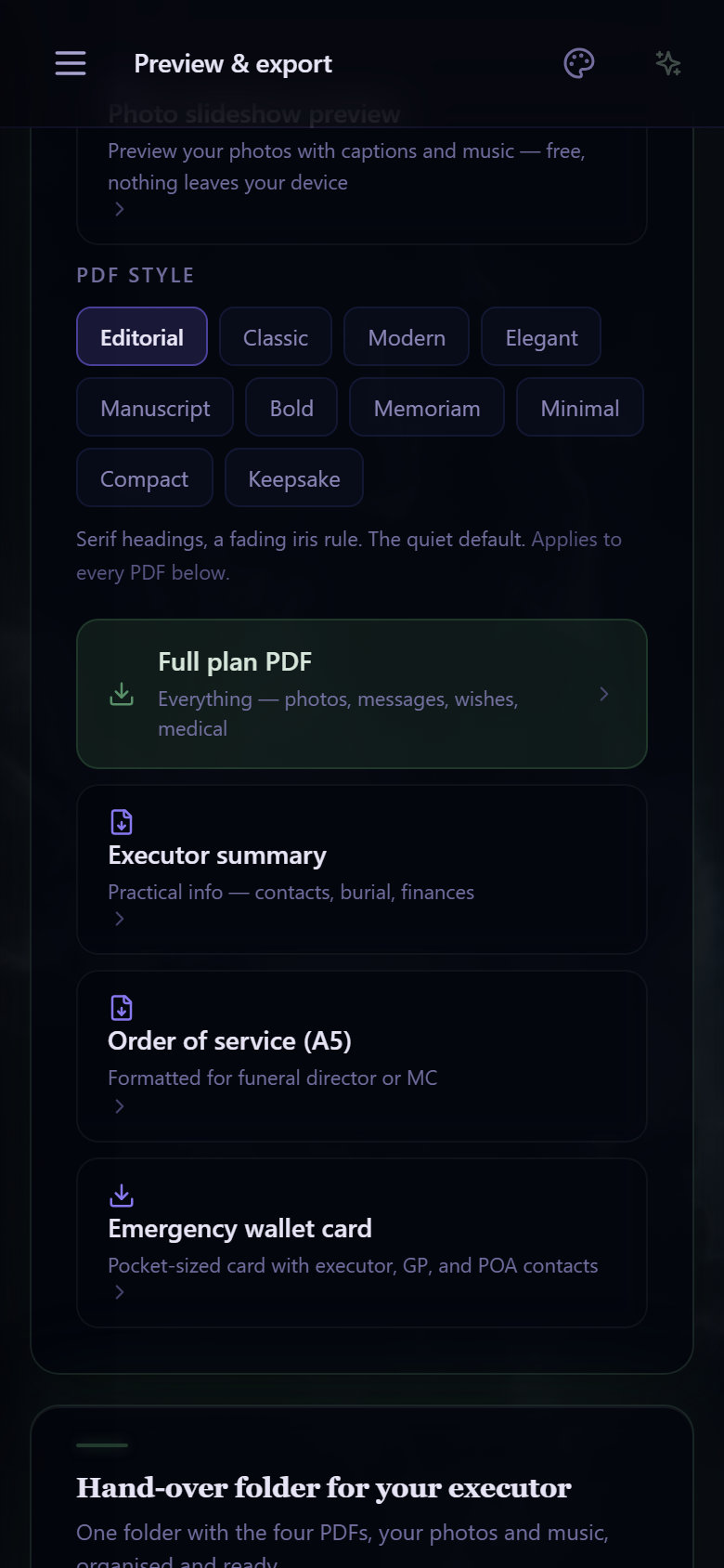 The in-app export screen — the PDF art-direction picker (Iris, Glasshouse, Gallery, Velvet) above the full plan, executor summary, order of service and wallet card exports